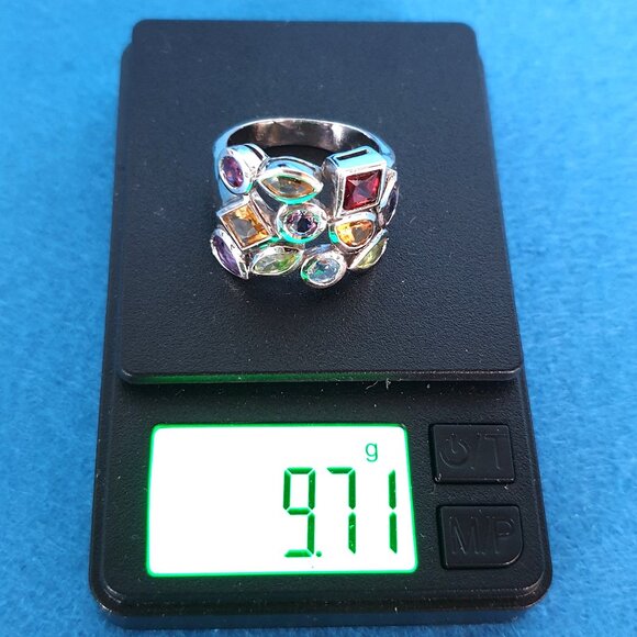 Vintage Mosaic Multi-Natural Gemstone Sterling Silver Statement Cocktail Ring - Picture 11 of 14